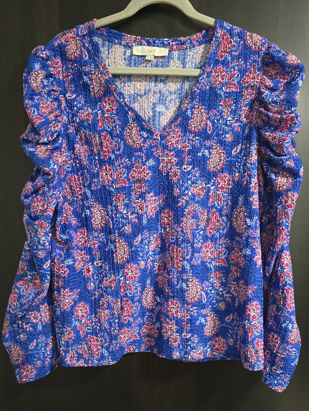 LOFT Royal Blue Floral V-Neck Smocked Blouse with Pink Accents, XL